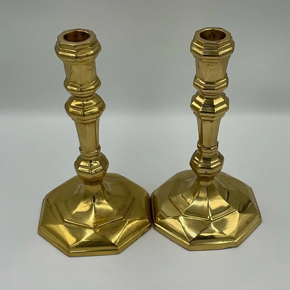 Vintage Bombay Co. Brass Candlesticks Weighted Polished Set of 2 Octagonal Base